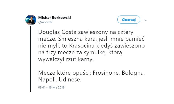 OFICJALNIE! Taką karę dostał Douglas Costa!